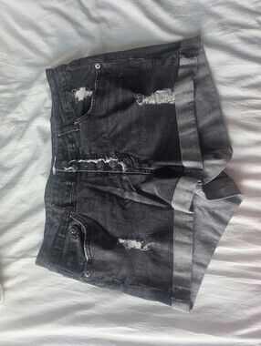 Distressed Black Rolled-Hem Women's Denim Shorts